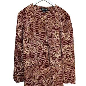Patrick Collection 100% Silk Jacket Large Brick Red Print Duster Button Front
